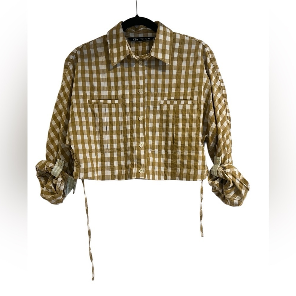 Zara Gingham Button-Up Cropped Shirt with Adjustable Drawstring Hem- Size S - Picture 5 of 7
